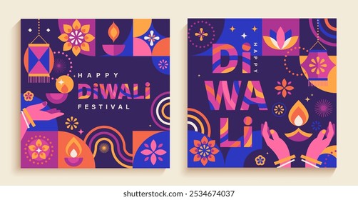 Definir bandeiras do festival de Diwali, cartões com símbolos de férias em lâmpada de óleo de estilo geométrico mínimo,lótus,fire.Template design para web, mídia social,Festival de Diwali com decoração Rangoli com Diya.Vetor