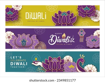 Set of Diwali festival banners design with peacock, lights and flowers background.