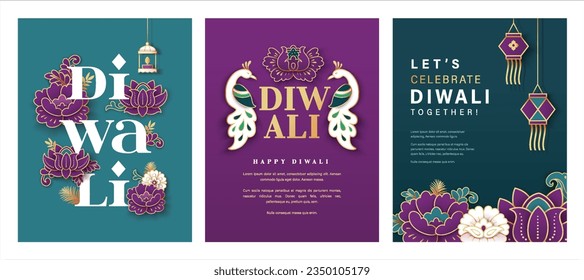 Conjunto de diseño de afiches del festival Diwali con fondo de pavo real, luces y flores.