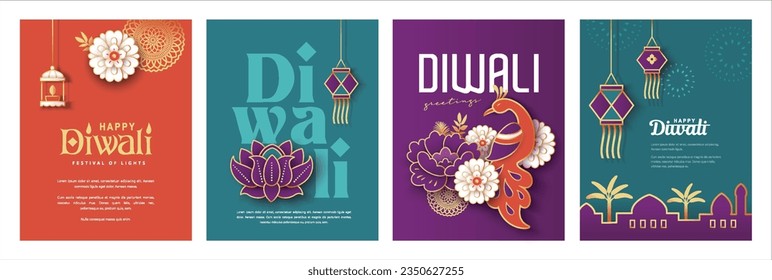 Set of Diwali festival poster design with peacock, lights and flowers background.