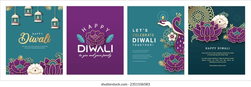 Conjunto de diseño de afiches del festival Diwali con fondo de pavo real, luces y flores.