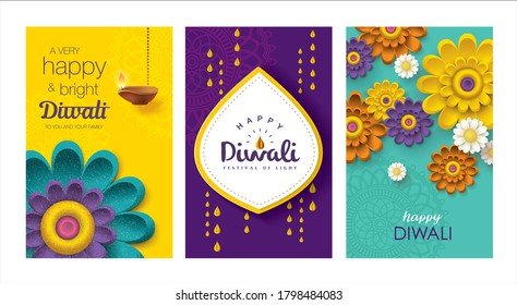 Set of Diwali Greeting cards with beautiful flowers