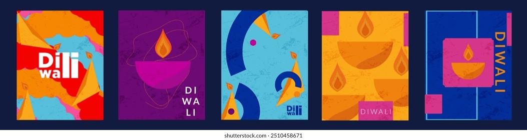 Set for Diwali Hindu Festival. Abstract Background with Oil Lamp, Circles, Rectangles, Squares. Modern Patterns for Advertising, Web, Social Media, Posters, Banners, Covers. Vector Illustration.