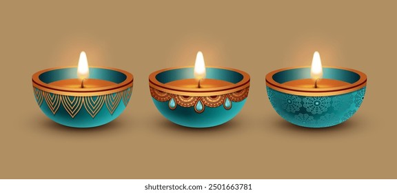 Conjunto de lámparas de aceite Diwali. Lámpara tradicional india de arcilla diya para el festival Diwali