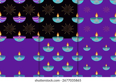 Conjunto de patrones sin costuras Diwali con diyas en estilo plano. Ilustración vectorial Deepavali para Anuncios de vacaciones y publicaciones sociales
