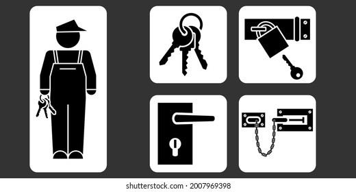 Set of DIY pictograms with the silhouette of a locksmith worker and various locksmith objects: key, bunch of keys, padlock, lock, bolts. 