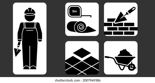 Set of DIY pictograms with the silhouette of a worker and various construction objects: brick, trowel, carpet, tape measure, tiles, wheelbarrow. 