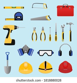 set of diy tools, vector isolated on blue background