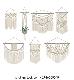 Colgado de pared de DIY. Colección de decoración de tejido boho. Percha de la planta de cordón de algodón y decoración de macrame. Ilustración vectorial.