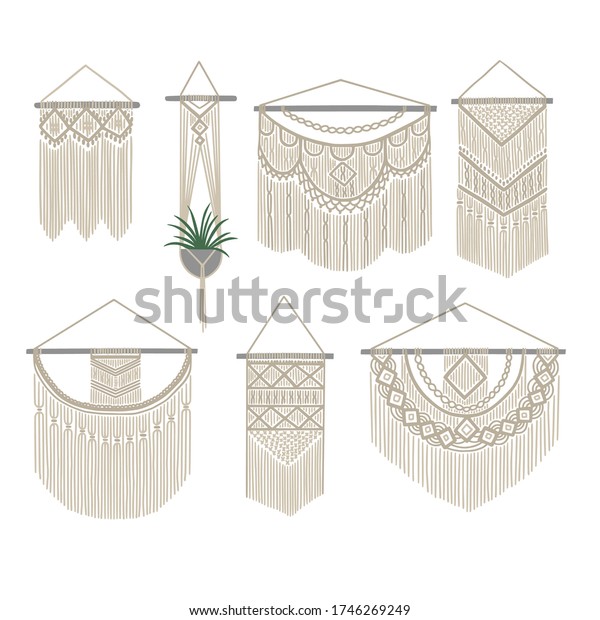Set of DIY wall hanging. Collection of boho\
knitting decoration. Cotton cord plant hanger and macrame decor.\
Vector illustration.