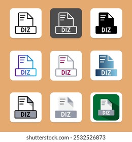 Set of diz File format document icons, with a professional and modern design