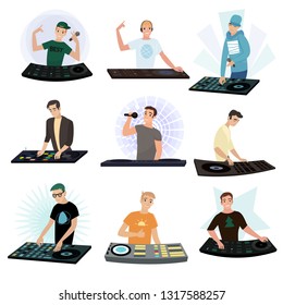 Set of DJ characters mixing music on turntable on white background