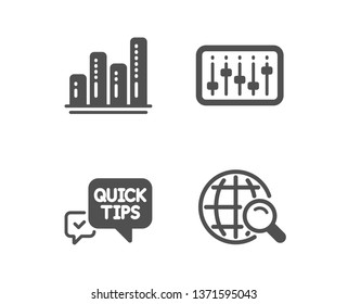 Set of Dj controller, Graph chart and Quick tips icons. Internet search sign. Musical device, Growth report, Helpful tricks. Web finder.  Classic design dj controller icon. Flat design. Vector