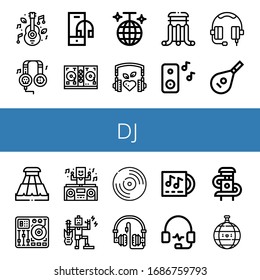 Set of dj icons. Such as Music, Headphones, Headphone, Disc jockey, Disco ball, Slider, Lute, Mixing table, DJ, Vynil, Lp , dj icons