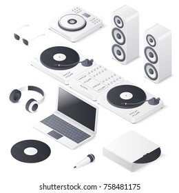 Set of DJ mix devices isolated on white background. Isometric vector illustration