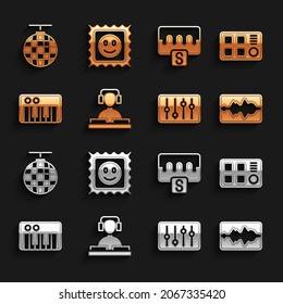 Set DJ playing music, Drum machine, Music wave equalizer, Sound mixer controller, synthesizer, Disco ball and LSD acid mark icon. Vector