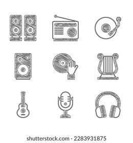 Set DJ playing music, Microphone, Headphones, Ancient Greek lyre, Guitar, Stereo speaker, Vinyl player and  icon. Vector