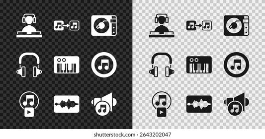 Set DJ playing music, Music note, tone, Vinyl player with vinyl disk, Play square, wave equalizer, Speaker volume, Headphones and synthesizer icon. Vector
