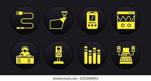 Conjunto de DJ que reproduce música, osciloscopio, altavoz estéreo, ecualizador de música, reproductor, proyector de película, estudio de grabación e icono de conector de audio. Vector