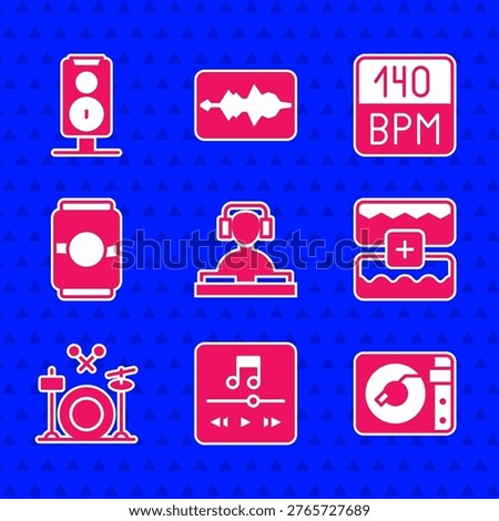 Set DJ playing music, Music player, Vinyl with vinyl disk, wave equalizer, Drums, Beer can, Bitrate and Stereo speaker icon. Vector