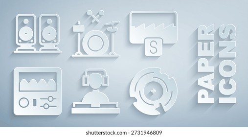 Set DJ playing music, Music wave equalizer, Drum machine, Vinyl disk, Drums and Stereo speaker icon. Vector