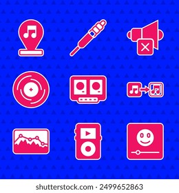 Set DJ remote and mixing music, Music player, note, tone, wave equalizer, Vinyl disk, Speaker mute and  icon. Vector