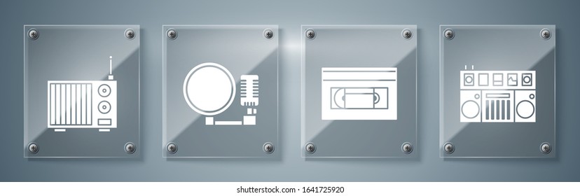 Set DJ remote for playing and mixing music, VHS video cassette tape, Microphone and Radio with antenna. Square glass panels. Vector