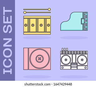 Set DJ remote for playing and mixing music, Drum with drum sticks, CD or DVD disk and Grand piano icon. Vector