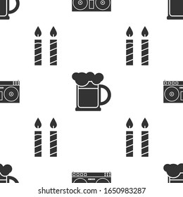 Set DJ remote for playing and mixing music , Wooden beer mug  and Birthday cake candles  on seamless pattern. Vector