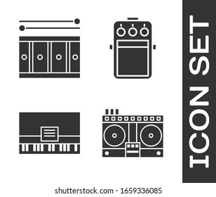 Set DJ remote for playing and mixing music, Drum with drum sticks, Piano and Guitar pedal icon. Vector