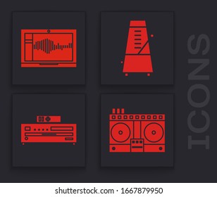 Set DJ remote for playing and mixing music, Sound or audio recorder on laptop, Metronome with pendulum in motion and Music CD player icon. Vector