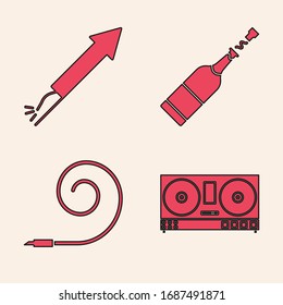 Set DJ remote for playing and mixing music , Firework rocket , Champagne bottle  and Birthday party horn  icon. Vector