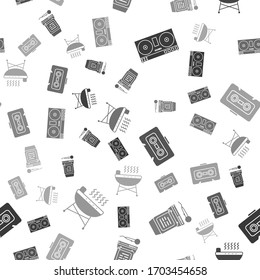 Set DJ remote for playing and mixing music , Karaoke , Retro audio cassette tape  and Barbecue grill  on seamless pattern. Vector