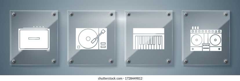 Set DJ remote for playing and mixing music, Music synthesizer, Vinyl player with a vinyl disk and Guitar amplifier. Square glass panels. Vector