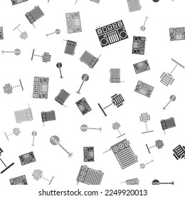 Set DJ remote for playing and mixing music, Radio with antenna, Music stand and Banjo on seamless pattern. Vector