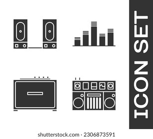 Set DJ remote for playing and mixing music, Stereo speaker, Guitar amplifier and Music equalizer icon. Vector