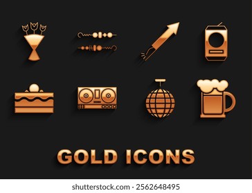 Set DJ remote for playing and mixing music, Beer can, Wooden beer mug, Disco ball, Cake, Firework rocket, Bouquet of flowers and Grilled shish kebab icon. Vector