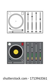 Set DJ turntable line and color flat icon isolated on white. Dj mixer retro equipment graphic design. Disco and electronic dance music player. Vinyl disc mixing technology. Vector illustration