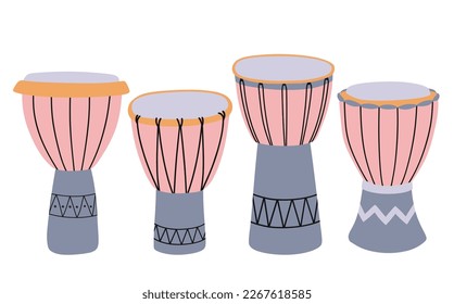 Conjunto de iconos de Djembe aislados en fondo blanco.