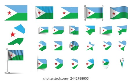 set of Djibouti flag, flat Icon set vector illustration. collection of national symbols on various objects and state signs. flag button, waving, 3d rendering symbols svg