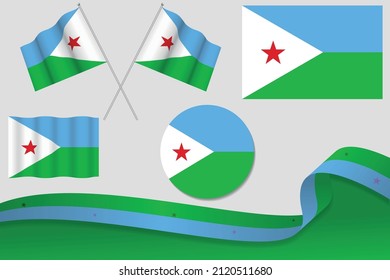 Set Of Djibouti Flags In Different Designs, Icon, Flaying Flags With ribbon With Background. Free Vector