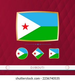 Juego de banderas de Djibouti con marco dorado para uso en eventos deportivos con fondo burdeos y abstracto. Colección vectorial de banderas.