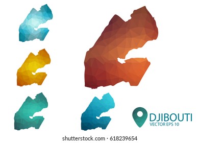 Set of Djibouti maps. Bright gradient map of country in low poly style. Multicolored country map in geometric style for your infographics. Vector illustration eps 10.