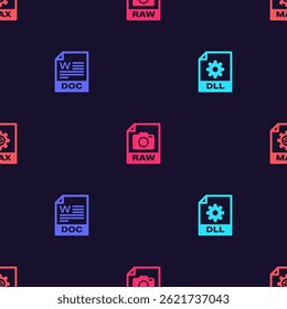 Set DLL file document, DOC, RAW and MAX on seamless pattern. Vector