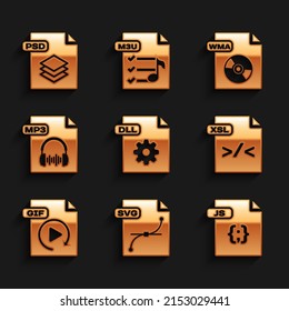 Set DLL file document, SVG, JS, XSL, GIF, MP3, WMA and PSD icon. Vector