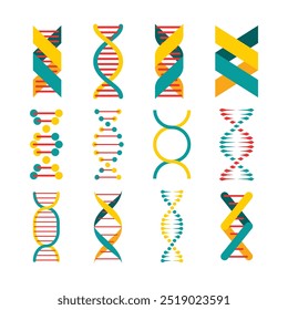 Conjunto de coleção de ícones de DNA, sinal genético, Molécula espiral médica bio tech ícones vetoriais. DNA humano, DNA científico com detalhes, moléculas de sinais de DNA hélice, Ciência médica, Geometria gráfica, Genética