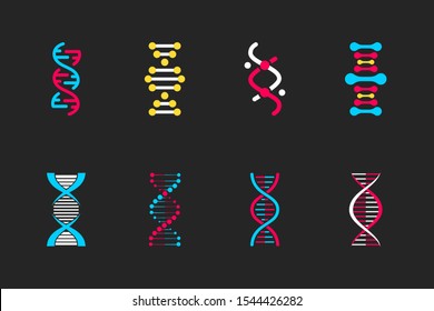 Set of DNA icons. Life gene model bio code genetics molecule medical symbols. Structure molecule, chromosome icon. Pictogram of Dna vector, genetic sign, elements and icons collection.