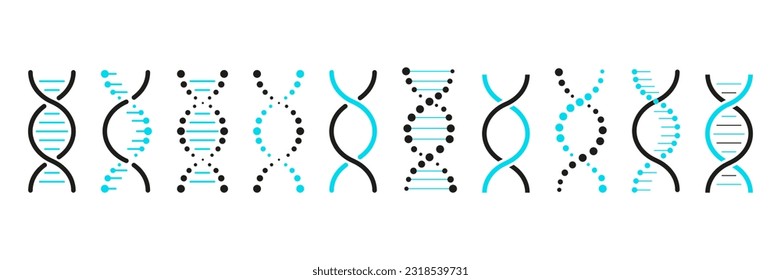 Set of DNA icons. Life gene model bio code genetics molecule medical symbols. Structure molecule, chromosome icon. Vector set of elements DNA