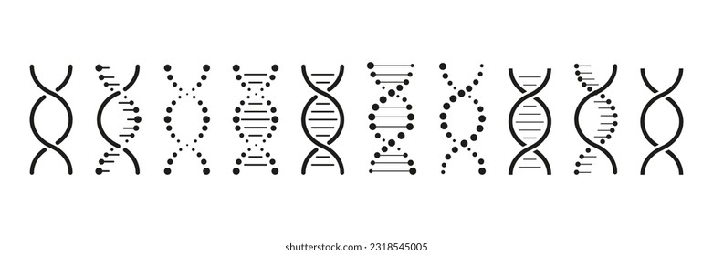 Conjunto de iconos de ADN. Modelo de gen de vida biocódigo genético molécula símbolos médicos. Molécula de estructura, icono cromosómico. Conjunto vectorial de elementos ADN