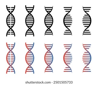 Satz von DNA-Symbolen. RNA, die eine Helix für ein Genetiksymbol bildet. Biogenmodell Biocode Genetik Molekül Icon Set. DNA-Struktur-Molekül-Icon-Sammlung.